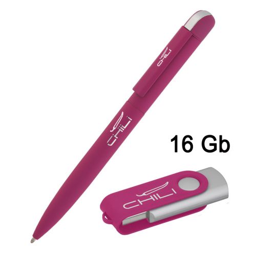 Набор ручка + флеш-карта 16 Гб в футляре, покрытие soft touch, фуксия
