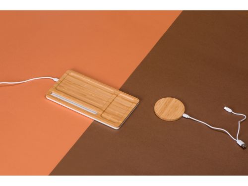 Беспроводное зарядное устройство-органайзер из бамбука Timber, натуральный/белый