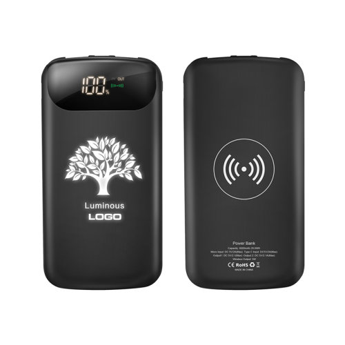 Беспроводное зарядное устройство "Shine SOFTTOUCH", 8000 mAh с подсветкой логотипа и цифровым индикатором заряда, черный