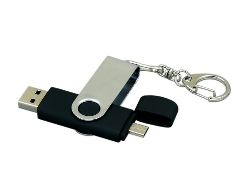 Флешка с  поворотным механизмом, c дополнительным разъемом Micro USB, 32 Гб, черный