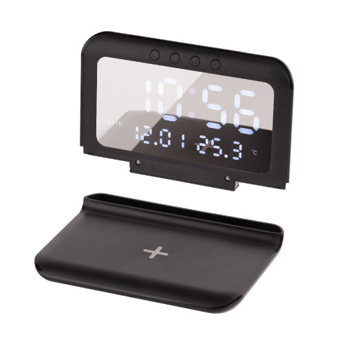 Настольные часы "Smart Time" с беспроводным (15W) зарядным устройством, будильником и термометром, со съёмным дисплеем, черный