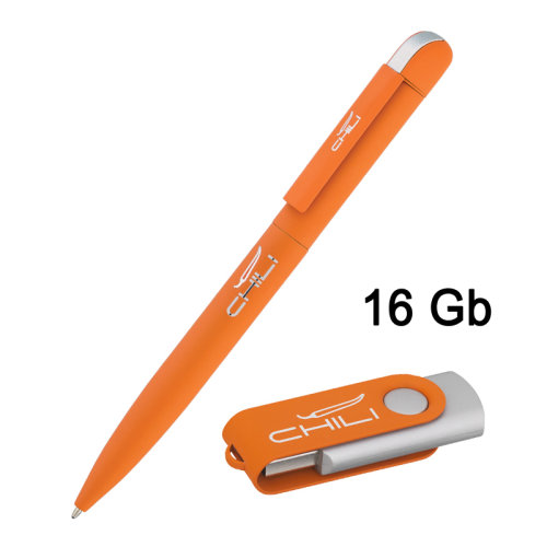 Набор ручка "Jupiter" + флеш-карта "Vostok" 16 Гб в футляре, покрытие soft touch, оранжевый