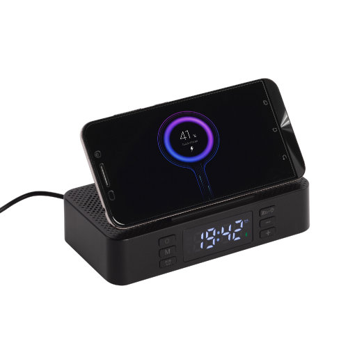 Настольные часы "Smart Box" с bluetooth колонкой (2х3Вт), беспроводным (15W) зарядным устройством и складной подставкой под смартфон, черный