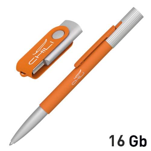 Набор ручка "Clas" + флеш-карта "Vostok" 16 Гб в футляре, покрытие soft touch, оранжевый
